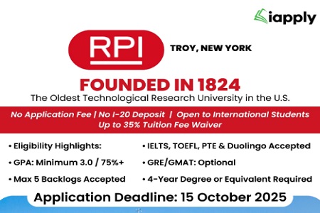 Apply Now - Rensselaer Polytechnic Institute (RPI), New York | No Application Fee + Up to 35% Tuition Waiver! 
